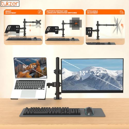 Image of Tukzer Monitor & Laptop Desk Arm Stand, Basic Pole Mount for 13-32 Inch Computer Screen Monitors for Dell, LG, Samsung,HP,Lenovo,Acer,ASUS, Tilt Adjustable,Tray for Laptops,Notebooks Upto 17 inch, Tablet