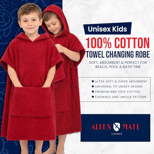 Image of ALLEN & MATE 100% Cotton Kids Hooded Surf Poncho Changing Robe, Quick Absorbent Wearable Swim Towel Boys & Girls, 6-13 Years