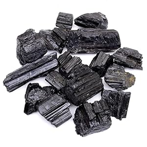 DANCING BEAR Black Tourmaline Crystals Bulk (1/2 LB Medium Pieces), Includes: (1) Selenite stick & Information cards, Rough Raw Natural Stones for Good Vibes, Reiki Energy Made in USA