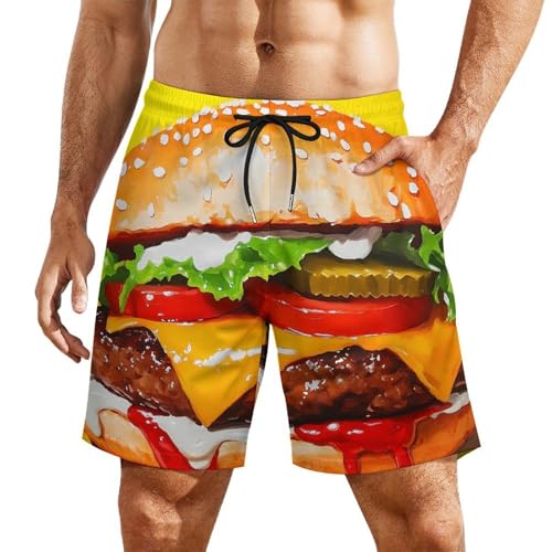 Beef Hamburger Fast Food Mens Swim Trunks Summer Beach Shorts Board Shorts Swimwear Bathing Suits with Pockets