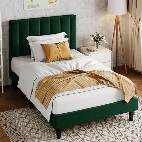 Image of Allewie Twin Bed Frame /Velvet Upholstered Bed Frame with Vertical Channel Tufted Headboard /Strong Wooden Slats /Platform Bed Frame /Mattress Foundation /Box Spring Optional /Easy Assembly /Green