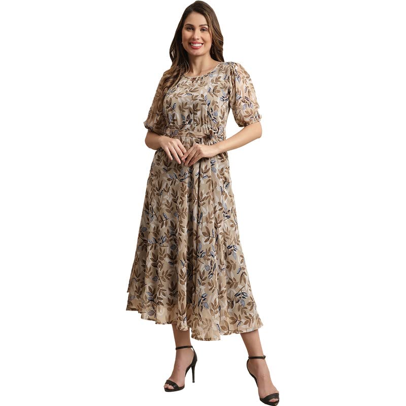Preneum Women's Maxi Fit & Flare Latest Style Print Georgette Regular Sleeves Casual Summer Maxi | Festival & Occasion, Brown, S