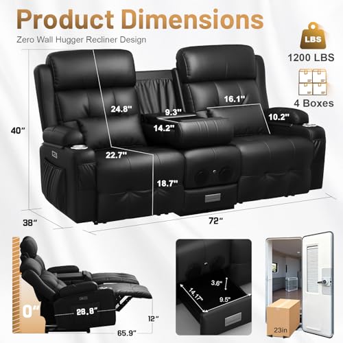 Image of Power Loveseat Recliner Sofa, Home Theater Seating with Heat Massage, Reclining Loveseats with Flip Backrest, Wall Hugger RV Couch Movie Theater Chairs, RV Furniture Sofas with USB, for Gaming Room