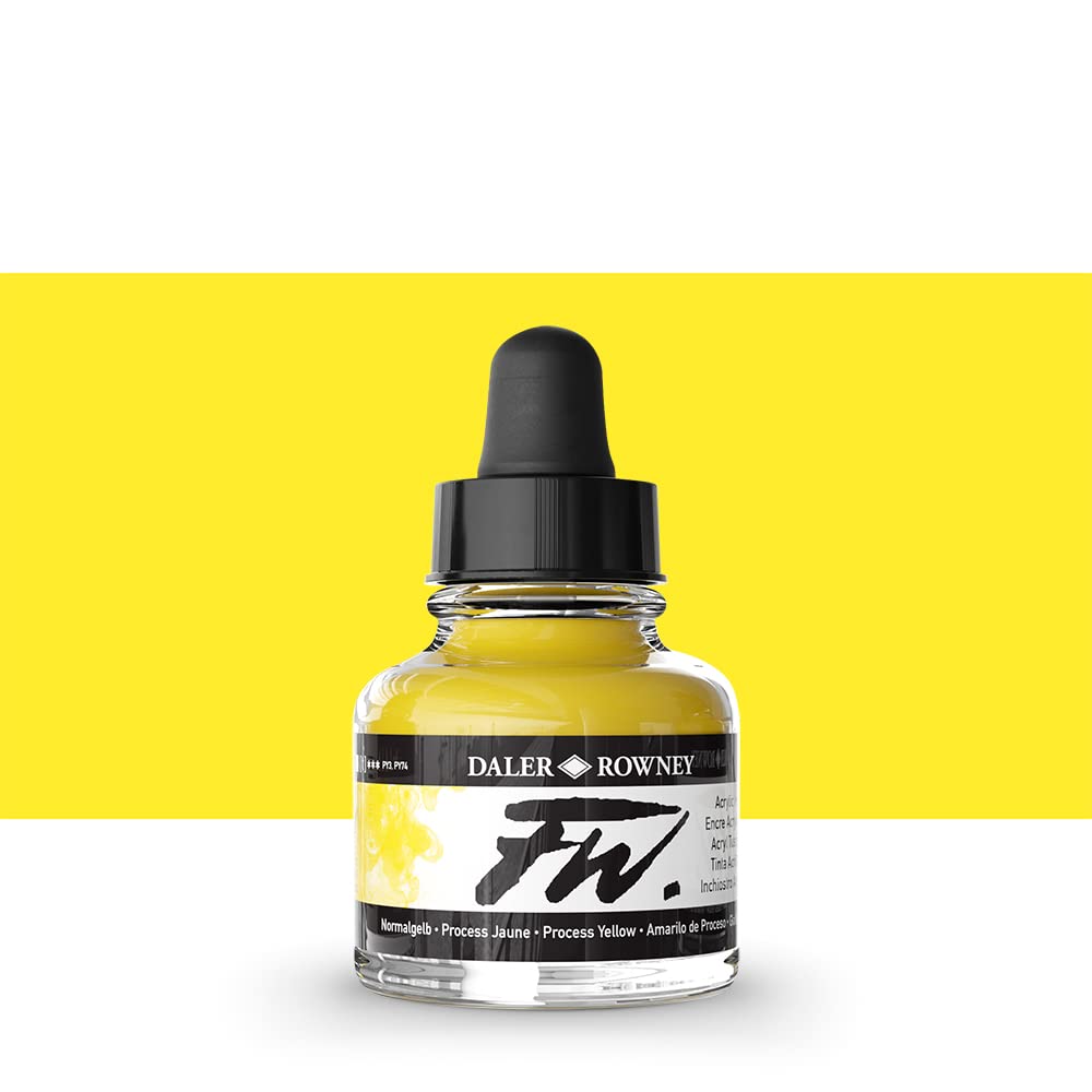 Daler-Rowney FW Acrylic Ink Bottle Process Yellow - Versatile Acrylic Drawing Ink for Artists and Students - Permanent Calligraphy Ink - Archival Ink