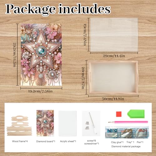 Image of DIY Diamond Art Tray with Handle Diamond Art Painting Plate Creative Design Handmade Wooden Tray Mosaic Making Kits by Number Kits Diamond Art for Coffee Living Room Home Organizer (Five-Pointed Star)