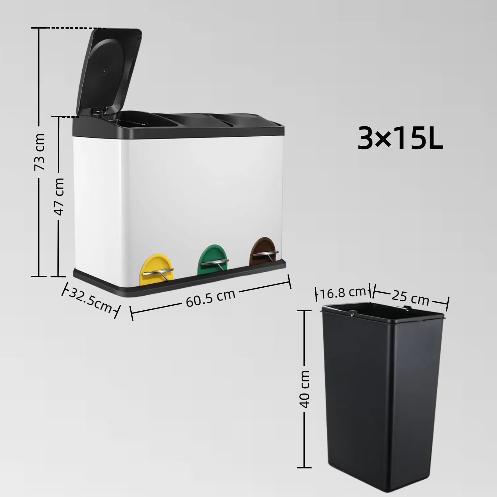 Clevich Mülleimer 3 Fächer, 3 x 15 L Mülltrennsystem mit Deckel, 45 Liters Edelstahl Treteimer, Abnehmbare Inneneimer mit Tragegriff, Abfalleimer für Küche, Büro (Weiß, 3 x 15 L)