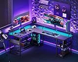 ODK L Shaped Gaming Desk with LED Lights & Power Outlets, 168×120cm Reversible Corner Desk with Storage Shelves, Computer Desks with Monitor Stand, Carbon Fiber Black - Image 7