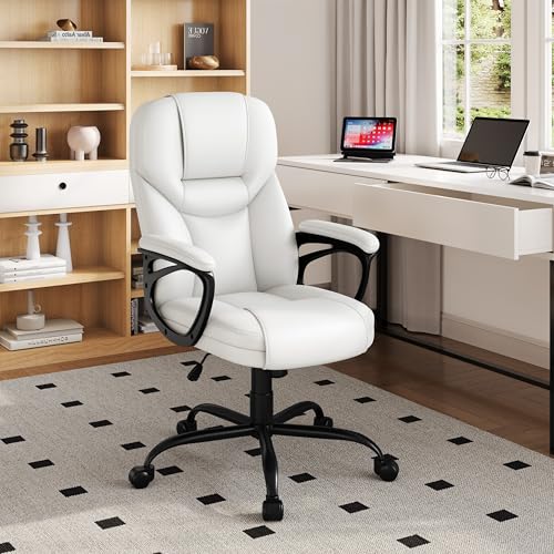 Poltrona Ufficio Ergonomica Presidenziale in Finta Pelle Bianca Imbottita Sedia da Scrivania a Rotelle Girevole Reclinabile a Dondolo Altezza Regolbile - Sedia gaming - Immagine 1