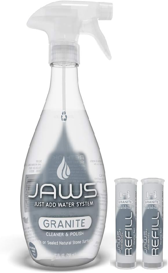 Granite Cleaner & Polish Bottle with 2 Refill Pods. Refillable Cleaning Supplies.