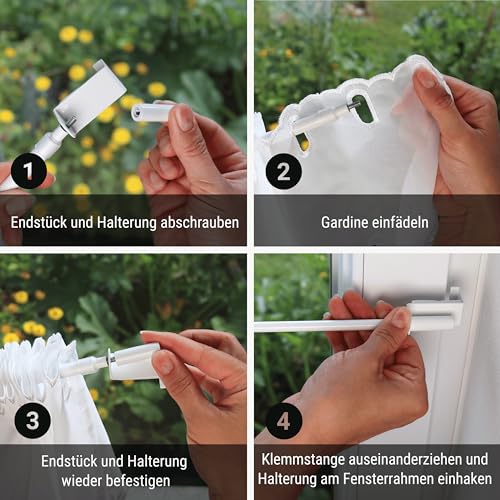 Rollina Gardinenstange zum Klemmen ohne Bohren | Klemmstange für Gardinen & Scheibengardinen | Vorhangstange Klemmstange ausziehbar 60–90 cm und Rahmenstärke 13-17 mm | Vitragenstange weiß Metall