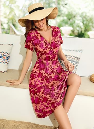 Image of WEACZZY Women's Summer Short Sleeve Casual Dresses V-Neck Floral Party Dress with Pockets