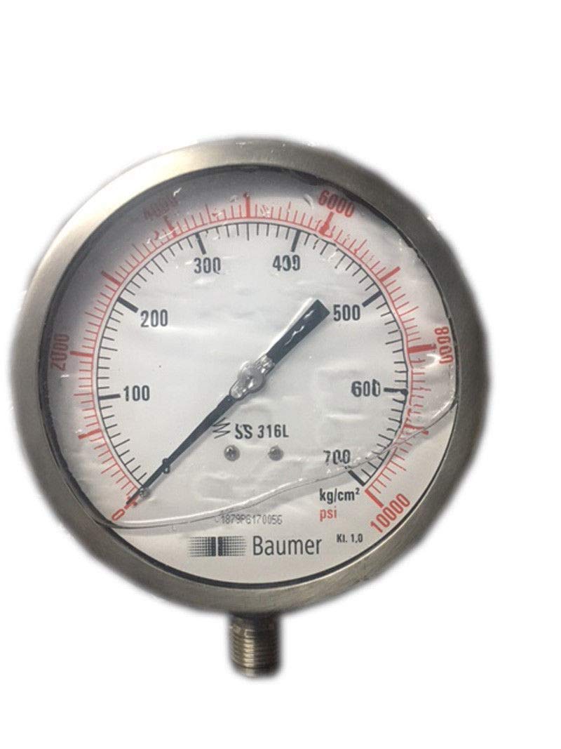 Manómetro: relleno de glicerina, escala dual 0-700 bar y 0-10000 PSI, esfera de 100 mm