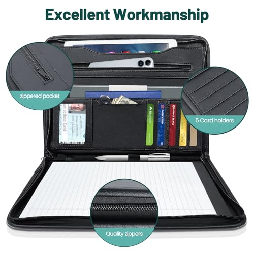 Portfolio Business for Men 10\" x 13.5\" Padfolio Folder with Zipper, Faux Leather Portfolio for Resume, Documents, Phone, Tablet, Business Supplies and Cards Notebook Organizer with 8.3\" x 11.5\"Notepad