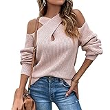 Beauace Damen Sexy Strickpullover Elegant Cut Out Pullover Schulterfrei V Ausschnitt Pulli Crisscross Winterpullover Casual Sweater Herbst Winter Outfit (Pink, S)