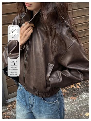 Women's Y2K Faux Leather Jacket Zip Up Crop Bomber Jacket Going Out Motor Bike Motorcycle Coat Streetwear with Pocket3