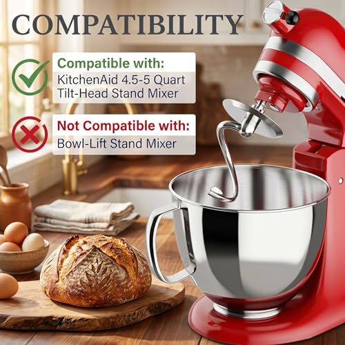 Image of Stainless Steel Spiral Dough Hook for KitchenAid 4.5QT & 5QT Tilt-Head Mixers - Dough Hook Kitchen Aid Accessories and Attachments, Kneading Hook for Bread, Pizza, Pasta, Cookies