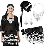 Kigeli 4 Pieces Gypsy Costume Women Fortune Teller Accessories Halloween Belly Dance Hip Scarf Set Gypsy Scarf(Black, Silver)