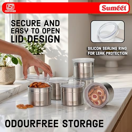 Image of Sumeet ISI Certified Stainless Steel Small Canisters /Dabba /Storage Containers for Kitchen with See Through Air Tight Lid - Set of 6 Pcs - 550ml, 10cm Dia, Silver