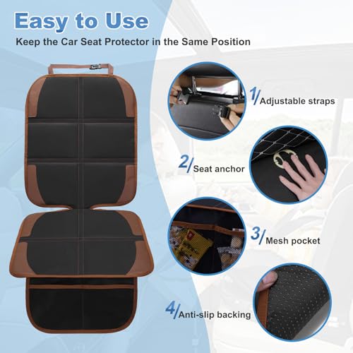 Image of Car Seat Protector for Child, 2 Pack With Mesh Pockets & Non-Slip Backing 600D Durable Under Baby Seat Cover for Back Seat (Dark Brown, Standard)