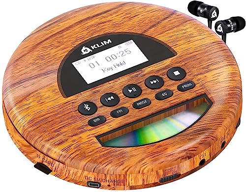 KLIM Nomad Wood - NEW - Portable CD Player - Long-Lasting Battery - Includes Headphones- Compatible MP3 CD Player- TF Card Radio FM Bluetooth - Ideal for Cars