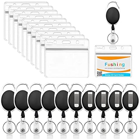 Fushing 10 Pack Retractable Badge Holders, Clear Waterproof Plastic Badge Holders ID Card Name Tag Holders with Retractable Badge Reel Carabiner Belt Clip and Metal Split Ring (Horizontal) Cover