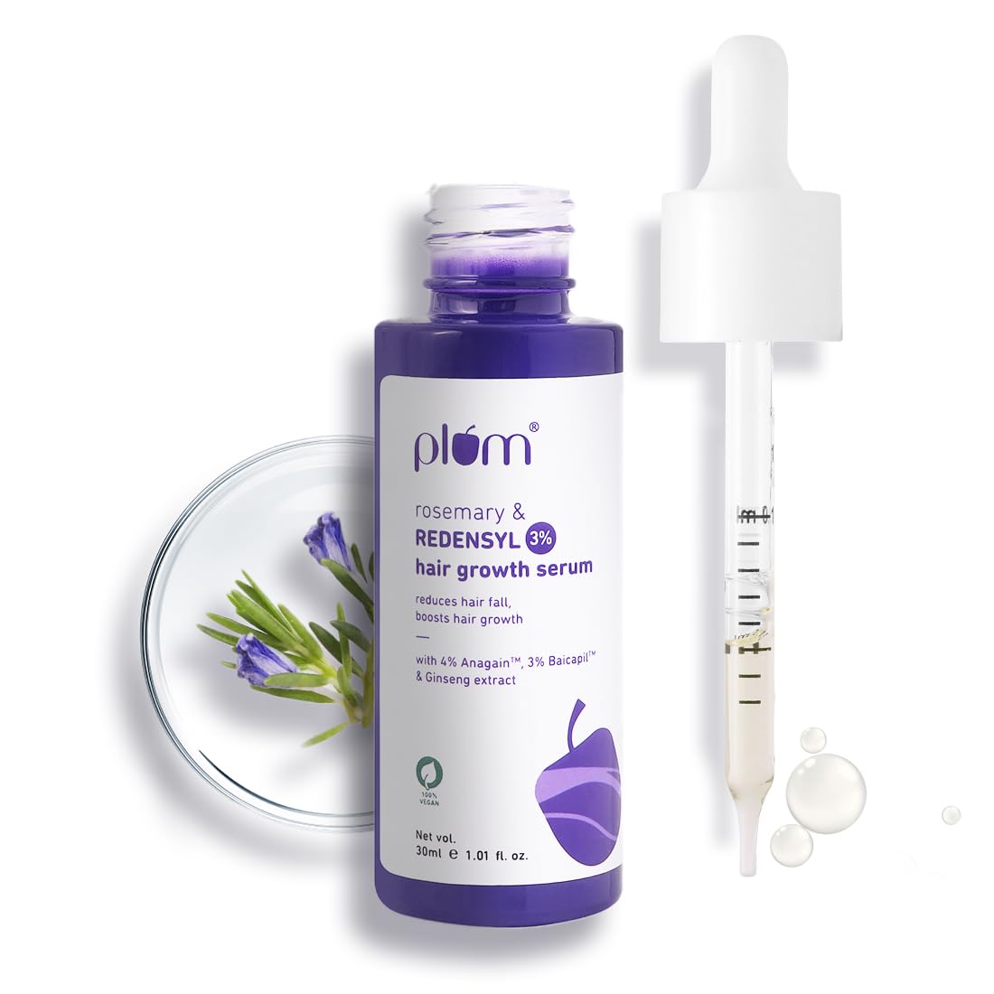 Plum Hair Growth Serum | 3% Redensyl + 4% Anagain + 3% Baicapil | Rosemary & Ginseng Extract | Anti-Hair Fall & Hair Density Booster | For Men & Women, Non-Greasy Formula | 30ml