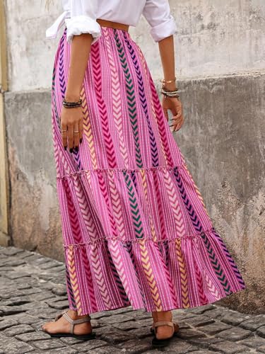 EARKOHA 2025 Women's Striped Pleated A-Line Maxi Skirt Casual Summer Boho Flowy Skirt Beach Vacation Outfits Pink M2