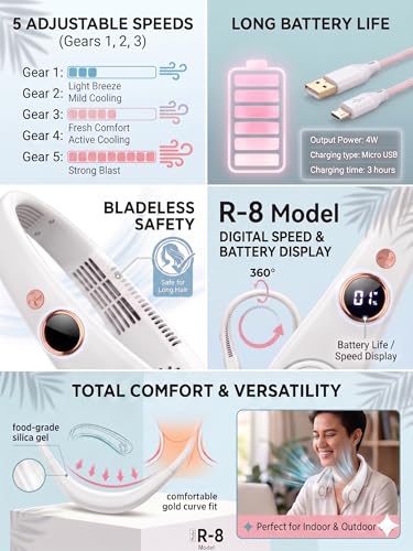 Image of Portable Neck Fan with Digital Display | 5-Speed Adjustable | 180 Cooling Bladeless Wearable Fan | Hair-Safe Hanging Design | Rechargeable Fan for Home Office Travel & Outdoor (Arctic White)