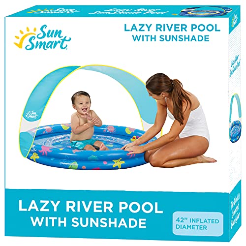 Image of SunSmart Lazy River Kiddie Pool with Two Toy Duckies, Inflatable Kids Pool with Removable UPF50 Sunshade Canopy, Heavy Duty Toddlers Pool