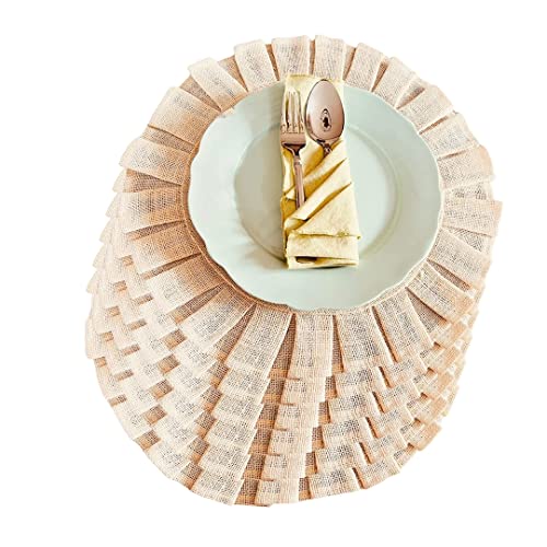 GEETUBERRY Ruffle Round Jute Burlap Placemats - Set of 6, Place Mats for Easter, Rustic Ruffle Lace - White
