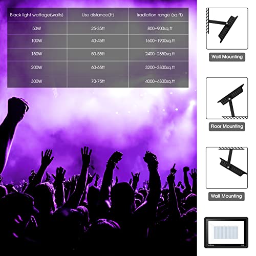 3 Pack 100W LED Black Lights, Blacklight Flood Light with Plug and Switch, 120V IP66 Waterproof Blacklight for Halloween Party, Glow in The Dark, Stage Light, Body Paint, Neon Glow