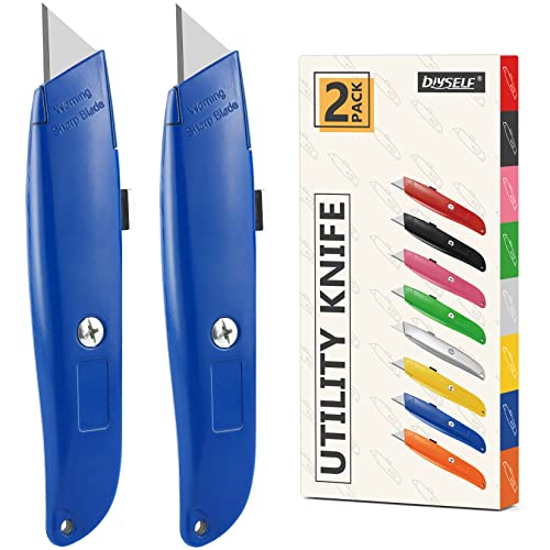 Image of DIYSELF 2 Pack Utility Knife, All Metal Retractable Box Cutters (Blue) | Aluminum Alloy Heavy Duty Utility Knives for Packaging, Paper, Leather and Plastic; PVC Pipe Cutter for Work and DIY Projects