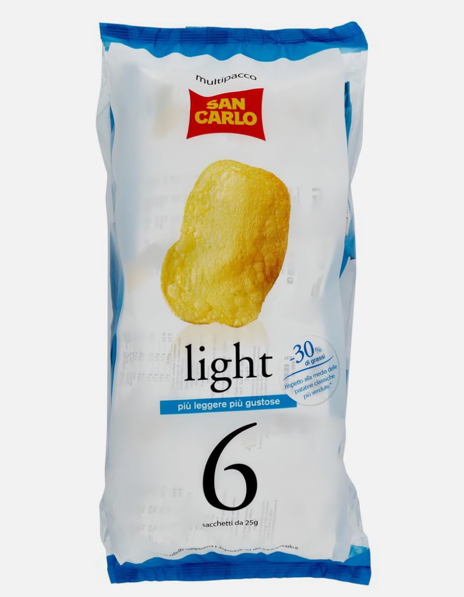 12 x 150g San Carlo Light Patatine, Multipack 6 Sacchetti da 25g, Meno Grassi, 1800g Totali 72 sacchetti da 25g
