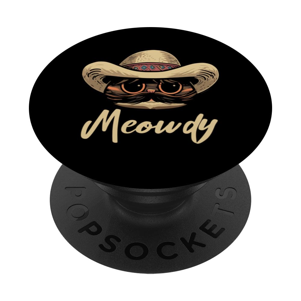 Meowdy Cat Cowboy Funny Tee PopSockets Swappable PopGrip, Black