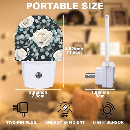 Image of Night Light, Vintage White Rose Flower Night Lights Plug into Wall Dusk to Dawn Sensor Round Nightlight for Women Men Energy Efficient Led Lamp 0.5W for Stairway Hallway Bedroom