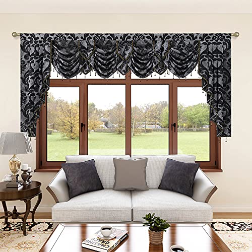NAPEARL Black Valances for Windows, Jacquard Swag Curtains for Living Room, Damask Waterfall Curtains Valance and Swags for Bedroom, Kitchen (1 Panel, 111-Inch Wide) - Thumbnail 2