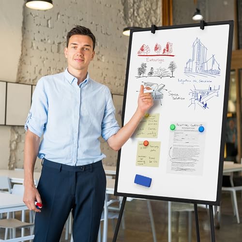 Image of Large Whiteboard Easel with Stand, 36 inch x 24 inch Portable Standing Magnetic Dry Erase White Board, 3' x 2' Tripod Height Adjustable Flip Chart Easel for Home Office Classroom School, Black