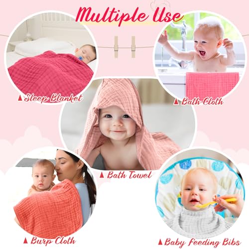 Image of VitalCozy 12 Pcs Baby Muslin Hooded Bath Towels and Washcloths, Muslin Hooded Baby Towels Absorbent Blankets for Gift Newborn Infant Shower (Vibrant Colors)