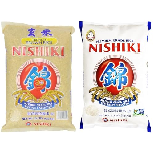 Nishiki Premium Rice Bundle - Brown Rice (15-Pounds) and Medium Grain White Rice (15 Pound), California Grown
