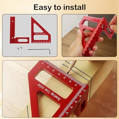 3D Multi Angle Measuring Ruler, 45° & 90° Degree Triangle Scriber Square Protractor, Miter Triangle Ruler Measuring Tool for Engineer Aluminum Inch Scale for Carpenters and Woodworkers (Red)