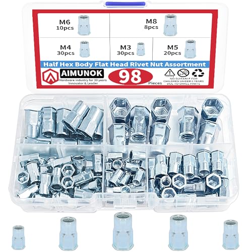 98Pcs M3 M4 M5 M6 M8 Half Hex Body Flange Rivet Nuts Assortment Kit, Blue Zinc Plated Carbon Steel Flat Head Threaded Insert Nut Rivnut Set (98pcs Kit)