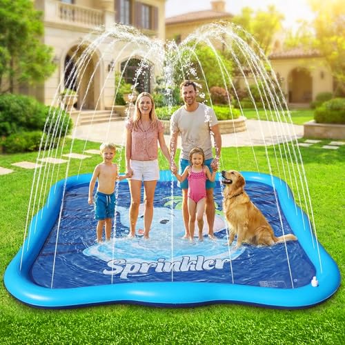 Luxfero Tapis de Jet d'eau pour Enfants,210cm Jeux d'eau Piscine Aquatiques Renforcé pour Chiens,buse de Pulvérisation d'eau Réglable,Tapis de Jeu sur Le...