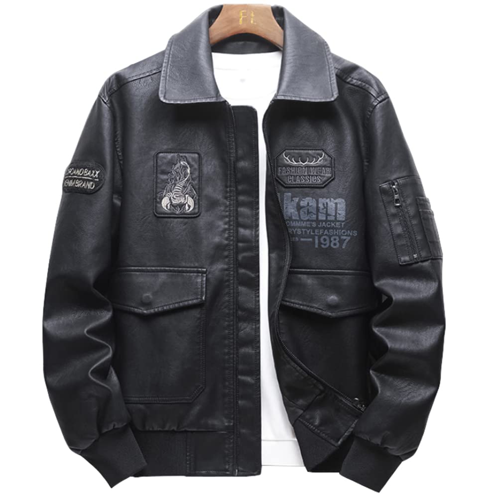 LOMENG Casual Leather Jackets Motorcycle Jacket Lapel Embroidery Windproof with Pockets for Men