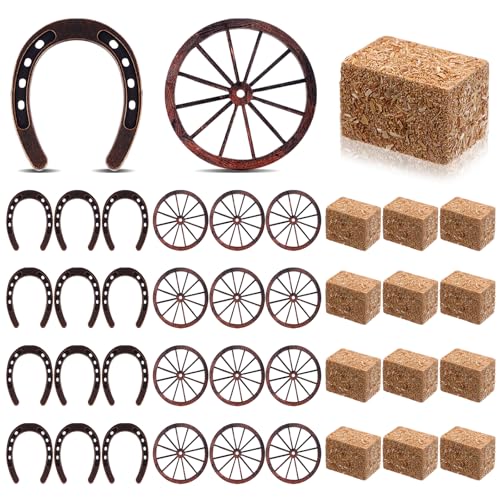Image of 36 Pcs Western Party Decorations 12 Mini Hay Bales 12 Lucky Horseshoe 12 Wagon Wheel Cowboy Theme Party Supplies Vintage Rodeo Table Centerpieces Rustic for Country Wedding Birthday Party Craft