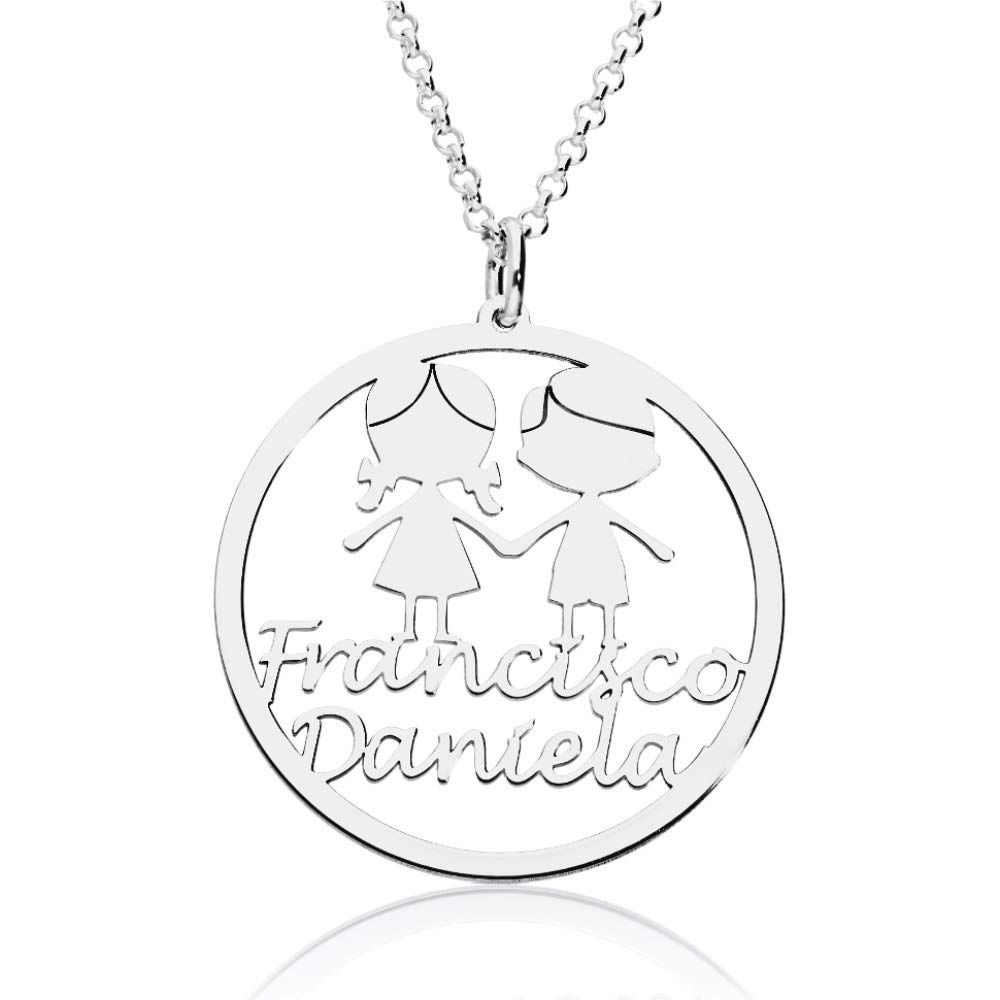 doble aro doble aro - Collar Niños Personalizado con Nombres - Colgante Personalizado Niños añade entre 1 y 3. Colgante Acabado Plata, Plata de Ley 925/1000.