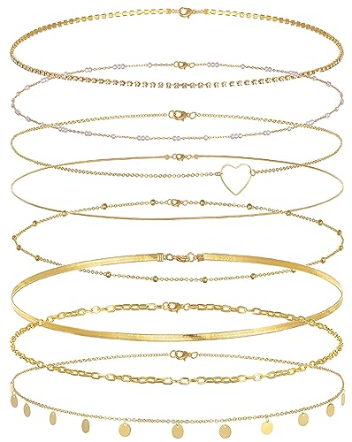 Tornito 8Pcs Waist Belly Chain 18K Gold Plated CZ Heart Pearl Snake Bead Sequin Paperclip Belly Chain Summer Beach Sexy Body Chains Jewelry Accessories for Women Adjustable