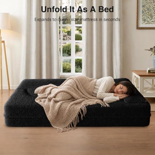 2 in 1 Convertible Folding Sofa Bed,Teddy Fleece Lazy Lounge Sofabed,Foam Folding Floor Sofa Bed,78" Full Size Memory Foam Couch for Living Room Guestroom, No Assembly Required Sofabed, Black - 2