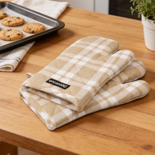 Image of Encasa XO Oven Gloves for Microwave (2 pc Set) - Heat Proof, Thick & Safe | Longer 18x30 cm Mittens for Protection in Kitchen Cooking & Baking - Franca Beige Checks