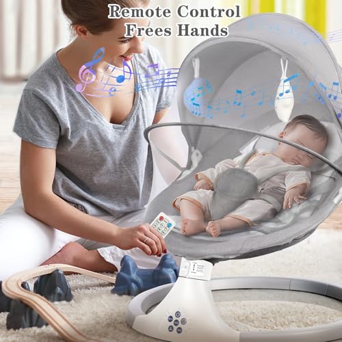 Zxyculture Electric Baby Swing for Infants to Toddler, Portable Babies Swinger for Newborn with 5 Swing Speed, Remote Control, Bluetooth Music Speaker with Five-point Safety Belt and 2 Toys (Gray) - Image 3