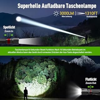 GEARLITE Lampe Torche Rechargeable, 3000LM Mini Lampe de Poche Tactique LED Ultra Puissante Rechargeable Zoomable avec 3 Modes D'éclairage, IP65 Étanche Longue Portée LED Flashlight pour Camping